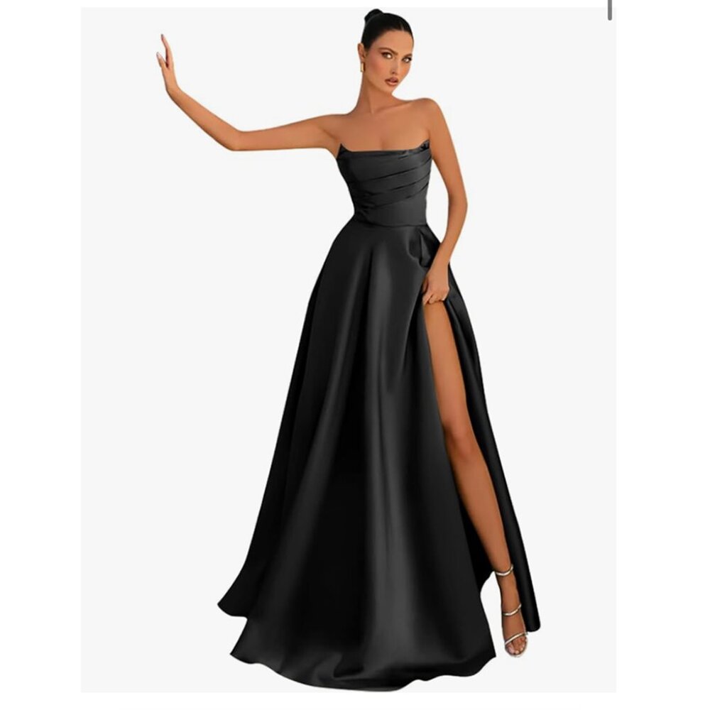 Women's Strapless Satin Dress - Lace Up Back